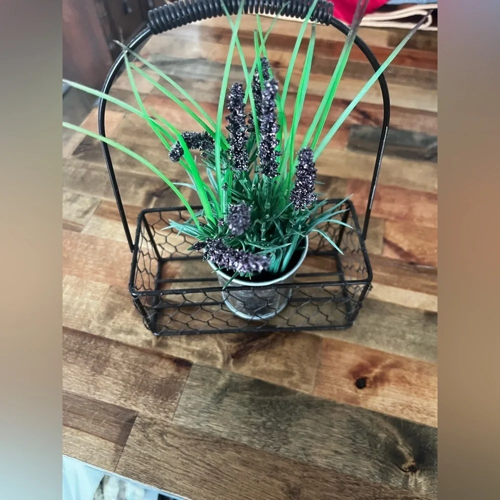 Faux Lavender Plant in Black Wire Basket